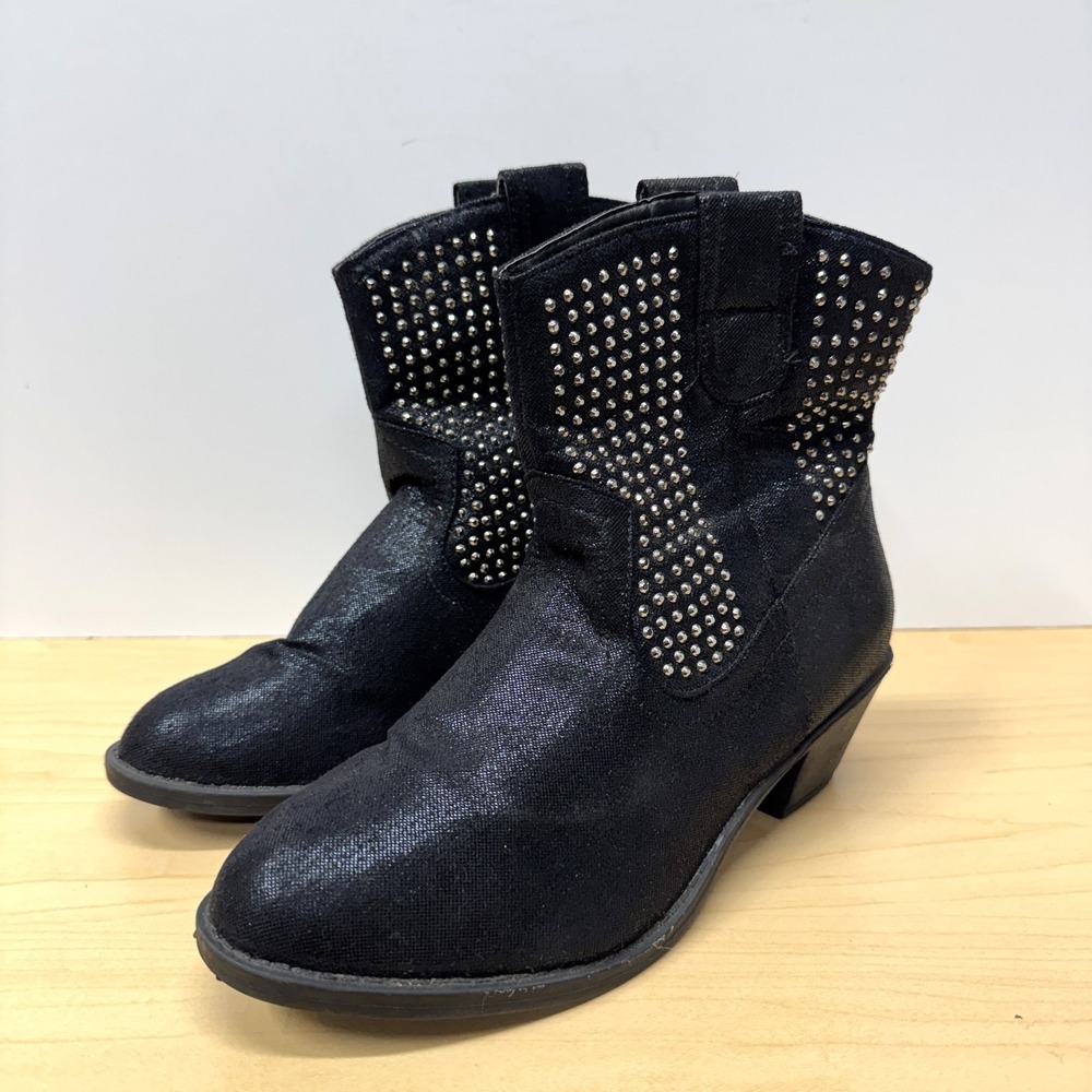 Blue Suede Shoes Cowboy Ankle Boots, Sz 6.5,‎ Black Faux Suede Rhinestone Studs